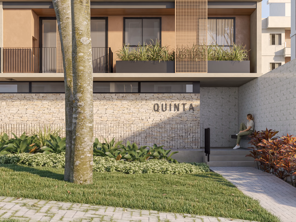 Fachada do empreendimento Quinta, da Sicuro Engenharia, com arquitetura contemporânea, paisagismo e apartamentos à venda em Curitiba.