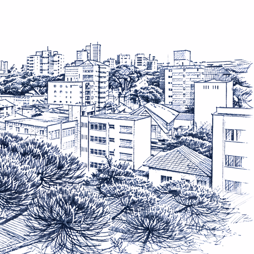 Vista da cidade de Curitiba no bairro Água Verde, com a Praça do Japão em destaque.