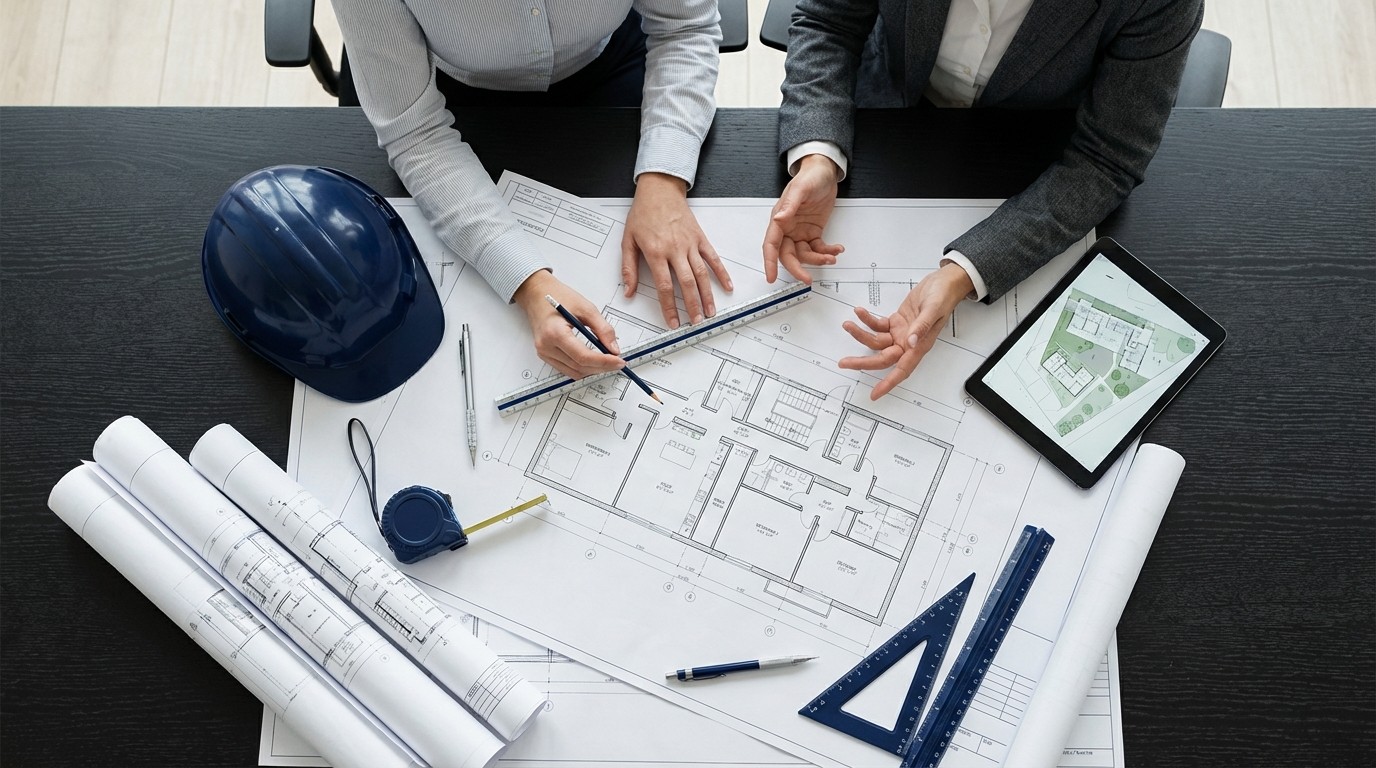 Dois engenheiros analisando a planta baixa de um empreendimento residencial com instrumentos de projeto e capacetes de segurança.