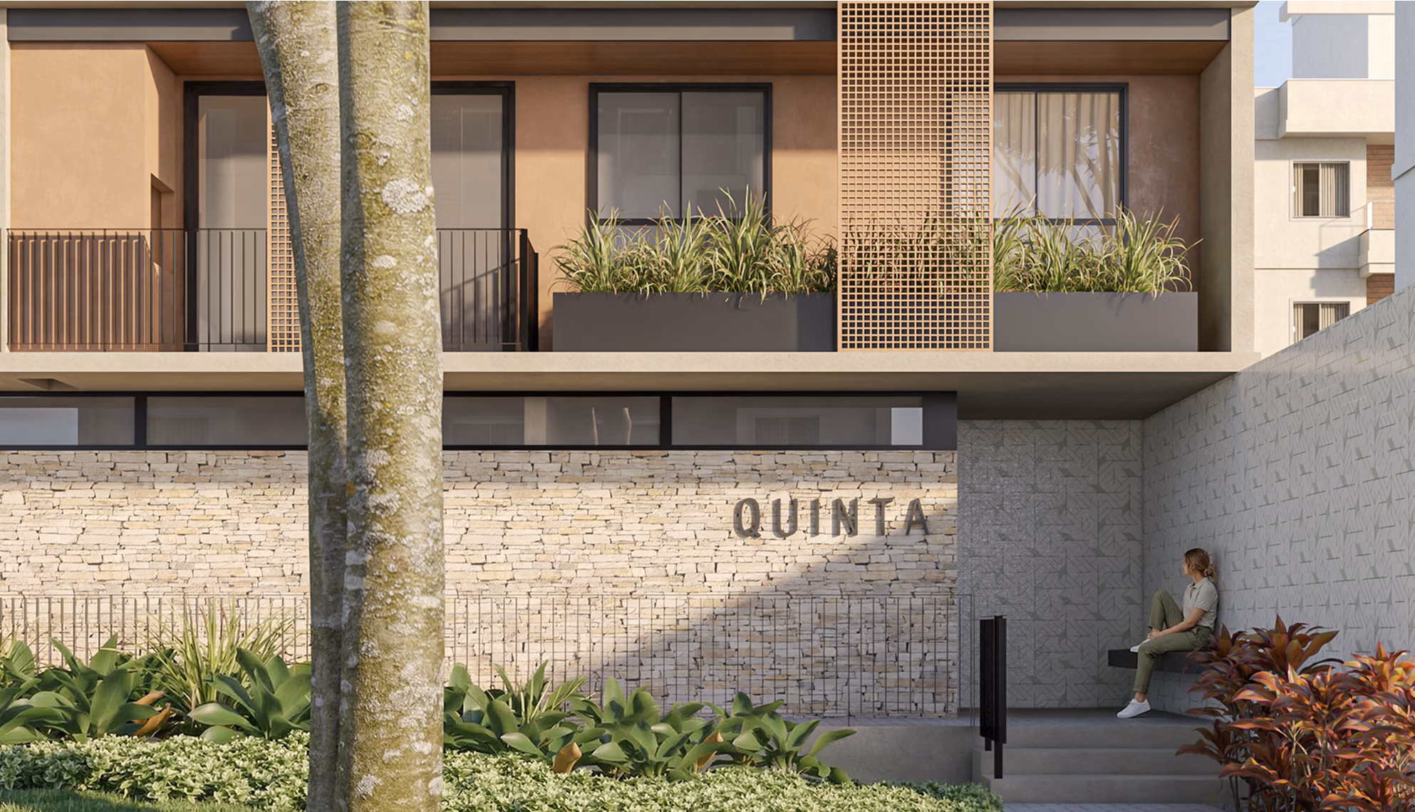 Fachada do empreendimento Quinta, da Sicuro Engenharia, com arquitetura contemporânea, paisagismo e apartamentos à venda em Curitiba.